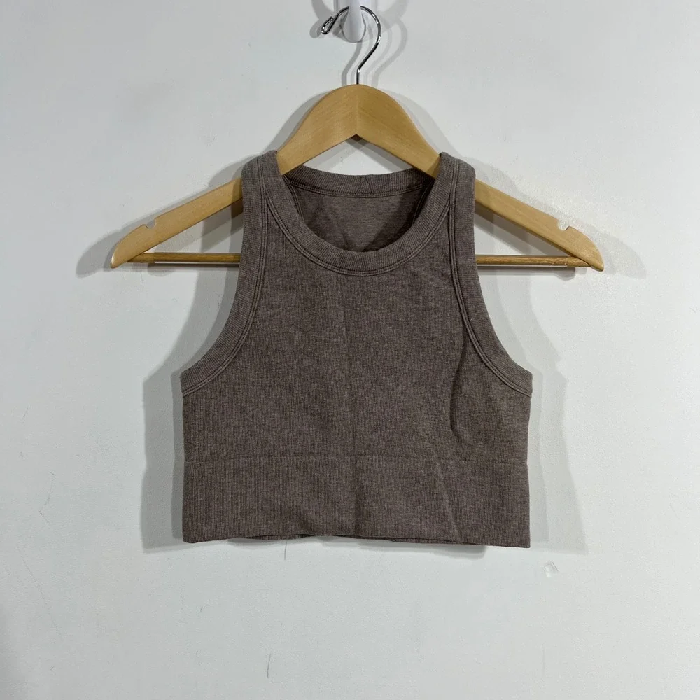 Alo Yoga Sporty Seamless Ribbed Crop Tank Top Brown Racerback Womens XS Neutral